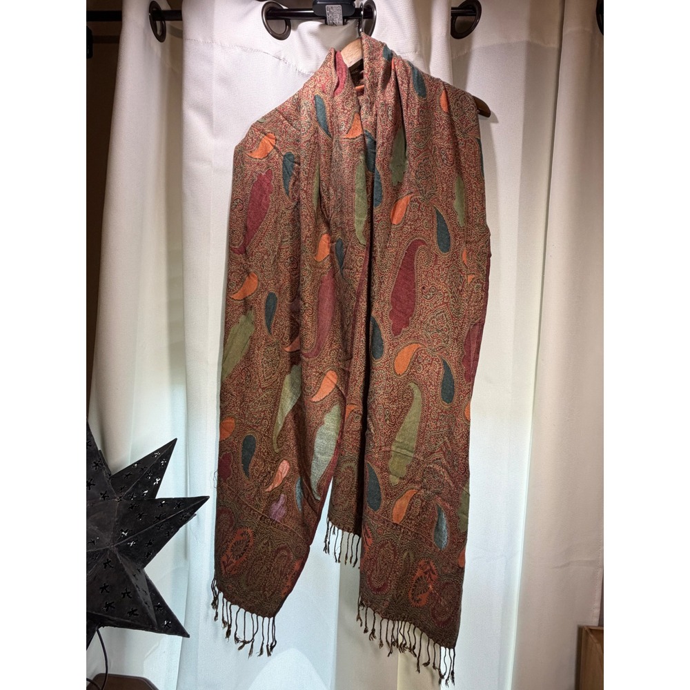 Vintage Paisley Pashmina Shawl Scarf Burgundy Green Orange Fringe Wrap 359